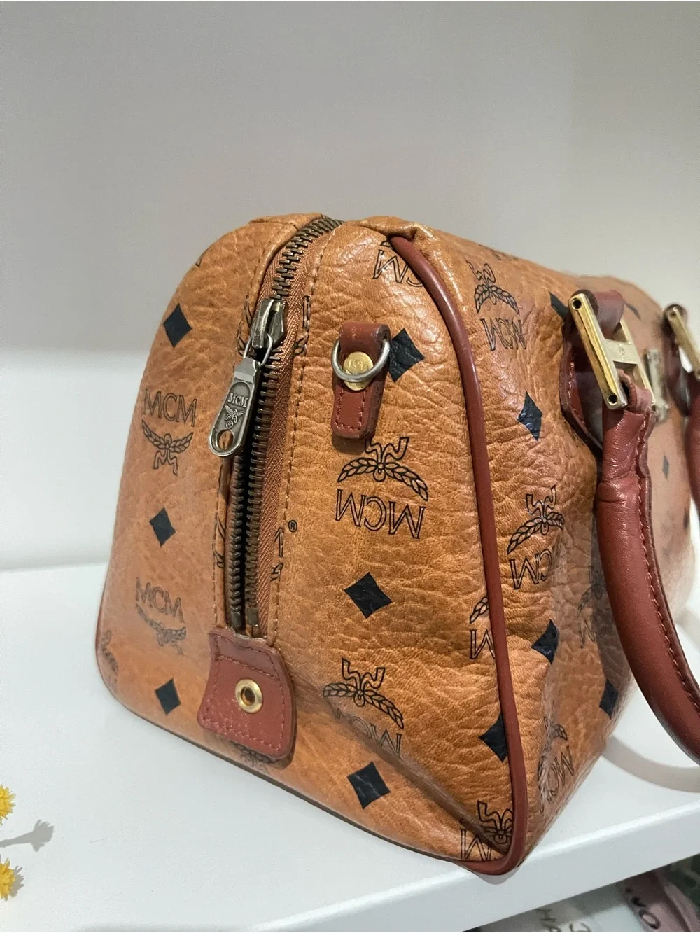 MCM Cognac Logo Visetos Satchel with Brown Leather Trim